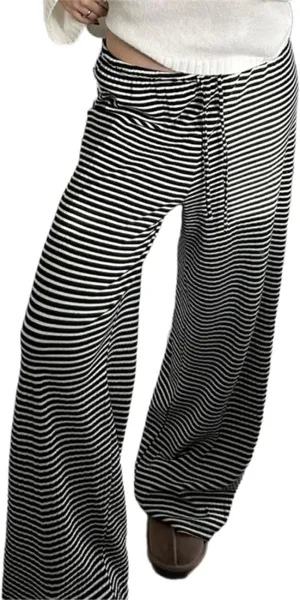 Women's Lounge Striped Wide Leg Pants, Low Rise Baggy Pajama Pants