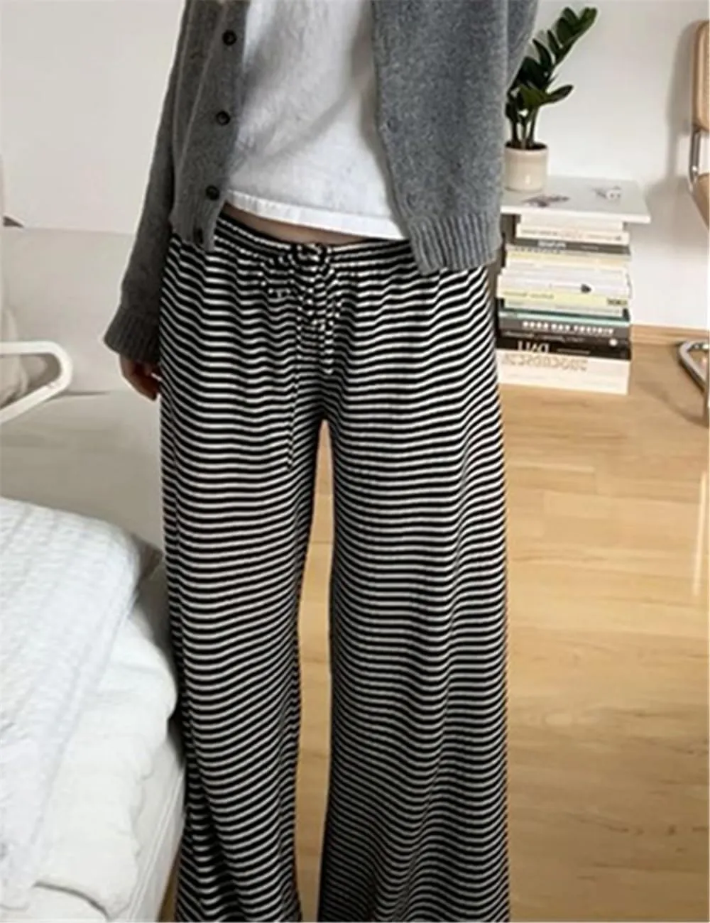 Women's Lounge Striped Wide Leg Pants, Low Rise Baggy Pajama Pants
