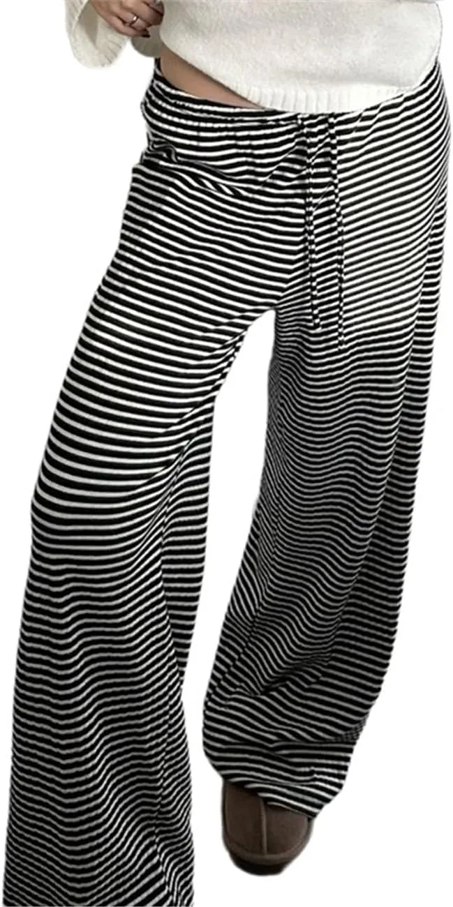 Women's Lounge Striped Wide Leg Pants, Low Rise Baggy Pajama Pants