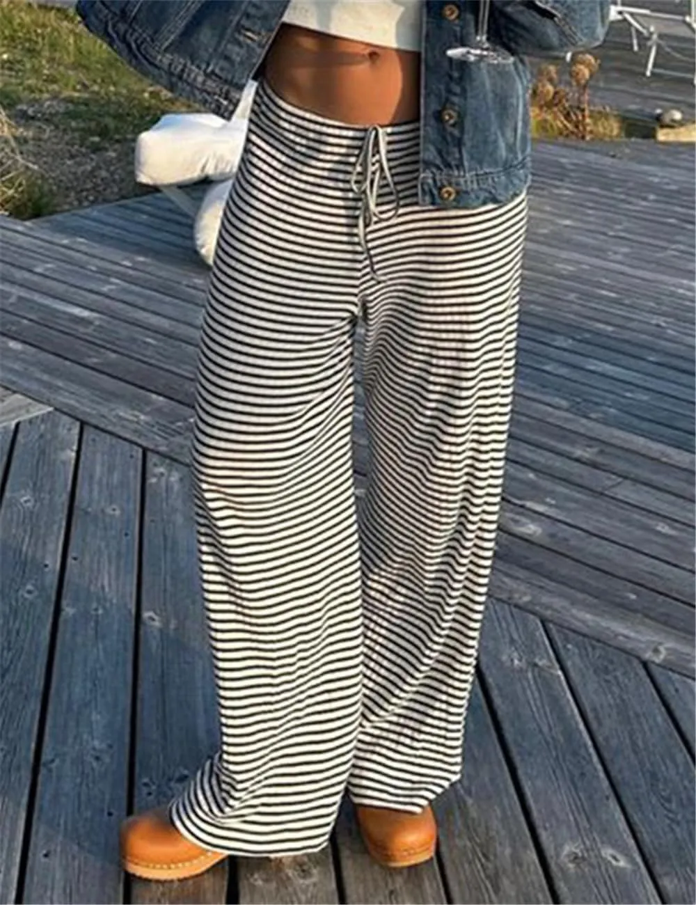 Women's Lounge Striped Wide Leg Pants, Low Rise Baggy Pajama Pants