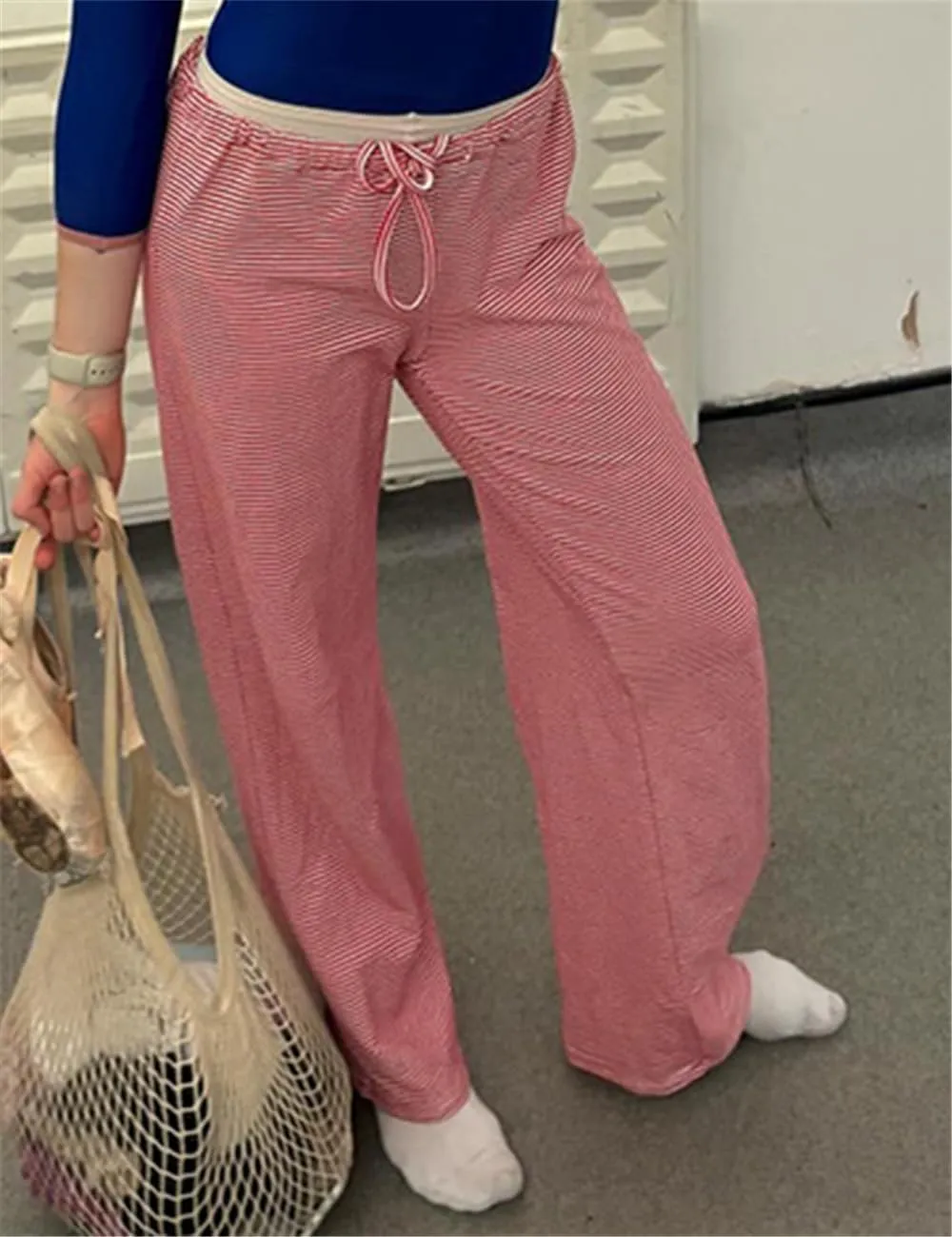 Women's Lounge Striped Wide Leg Pants, Low Rise Baggy Pajama Pants