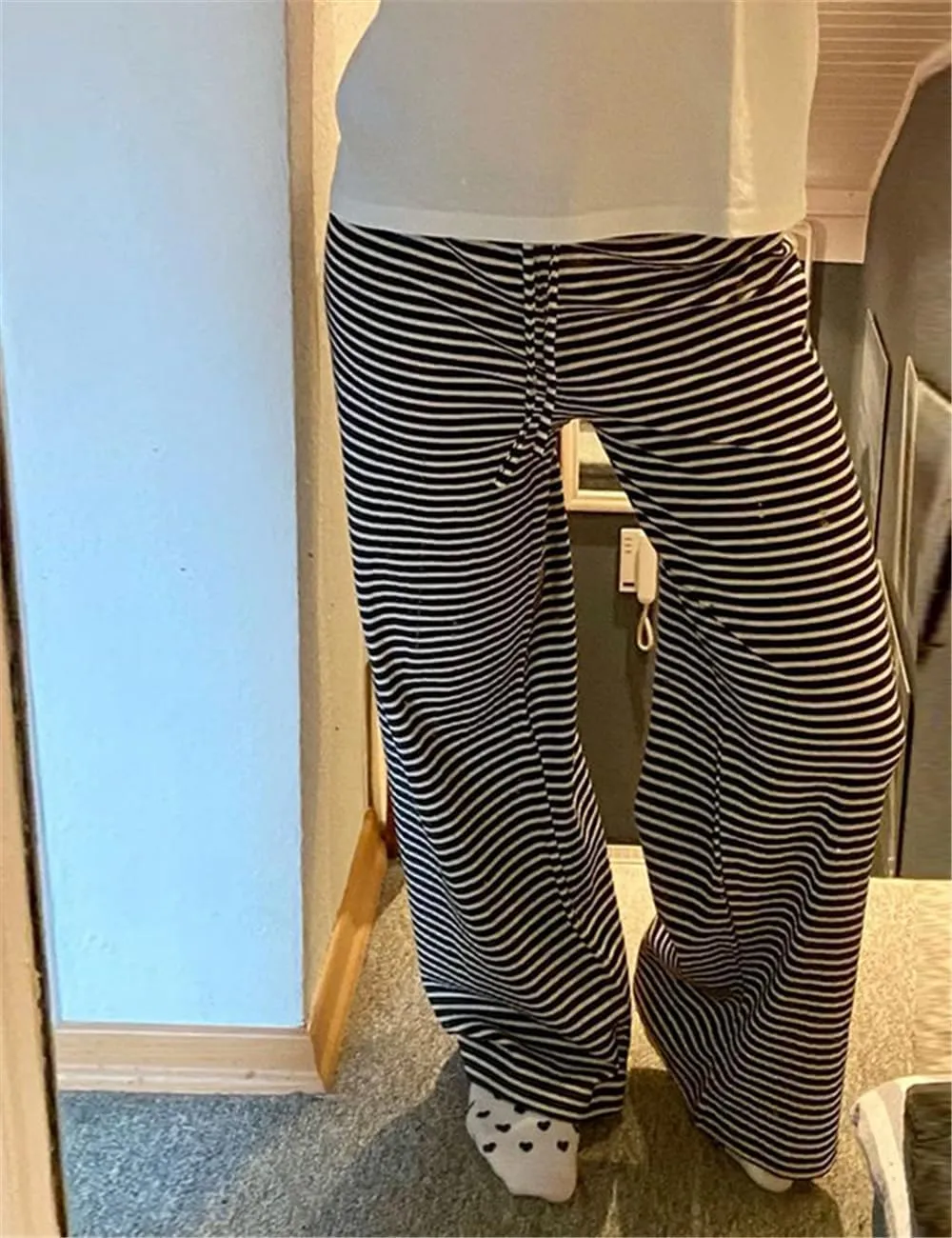 Women's Lounge Striped Wide Leg Pants, Low Rise Baggy Pajama Pants