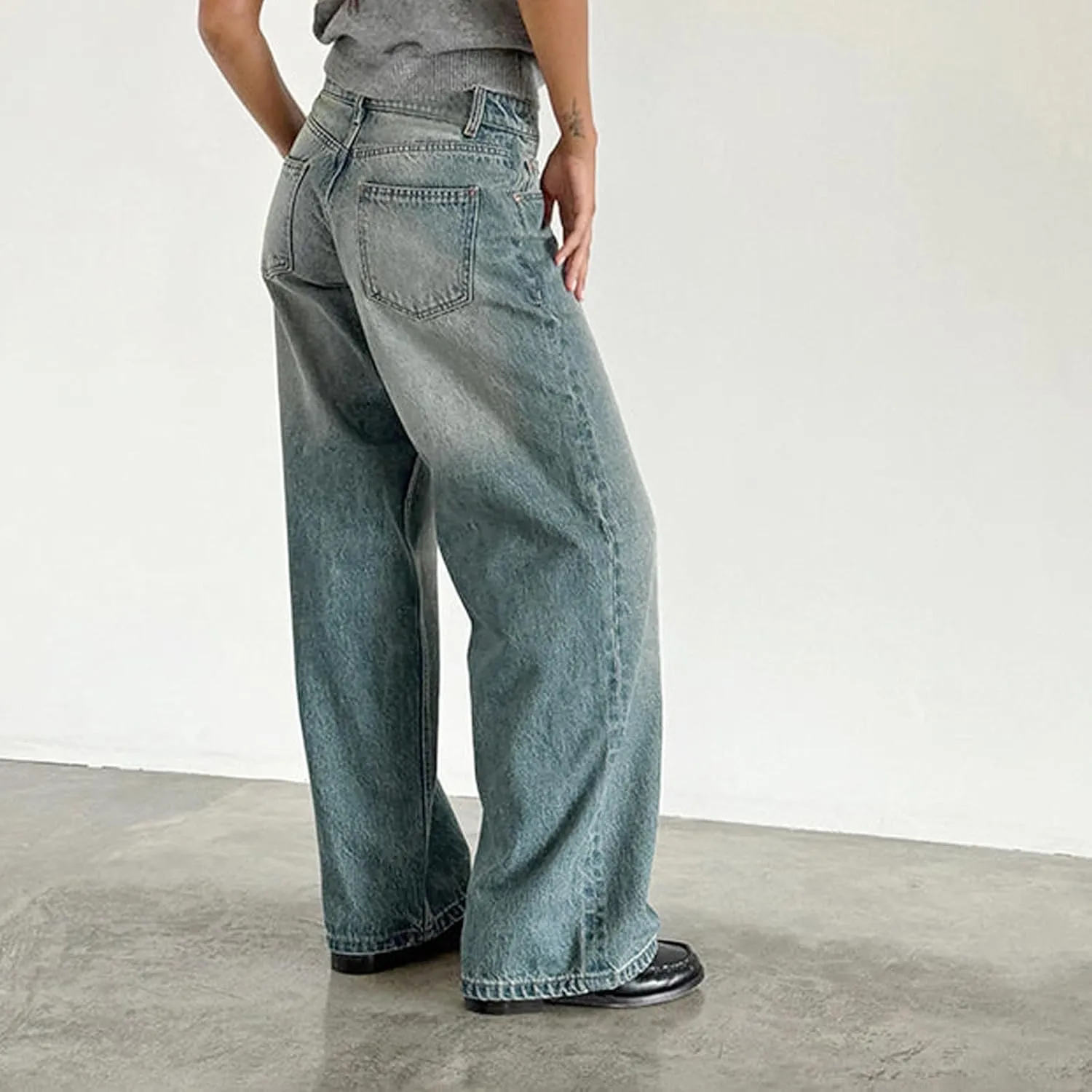 Women's Low Rise Baggy Jeans Boyfriend Y2K E-Girls Straight Wide Leg Denim Jeans Casual Loose Pants