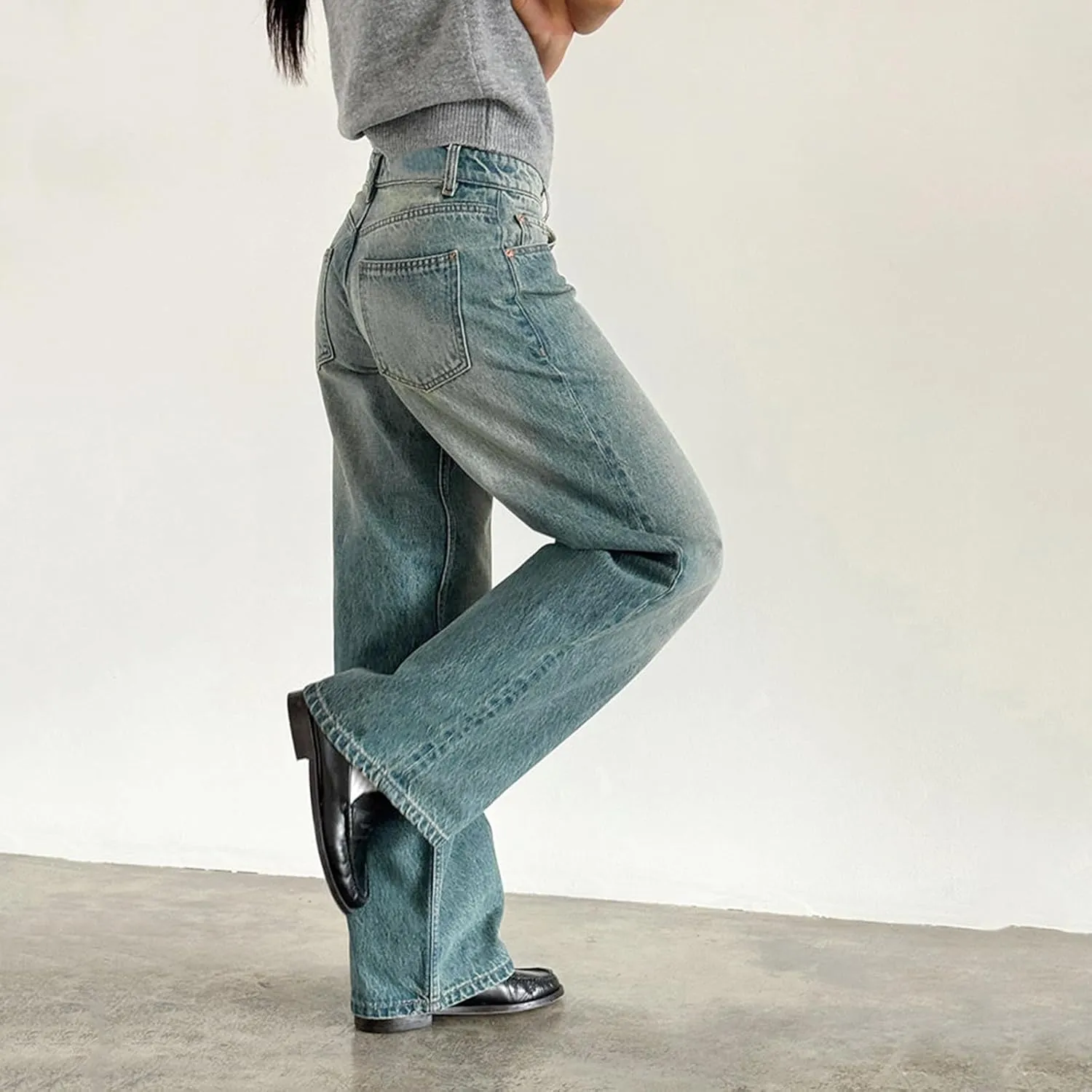 Women's Low Rise Baggy Jeans Boyfriend Y2K E-Girls Straight Wide Leg Denim Jeans Casual Loose Pants