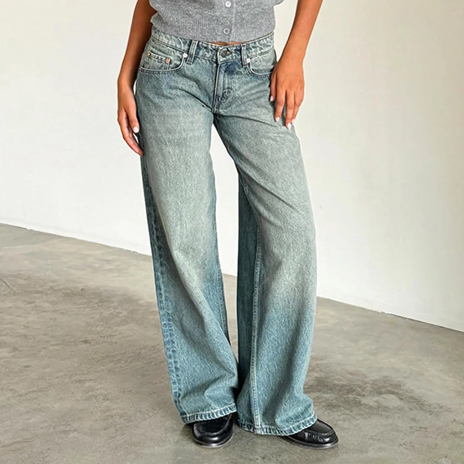 Women's Low Rise Baggy Jeans Boyfriend Y2K E-Girls Straight Wide Leg Denim Jeans Casual Loose Pants