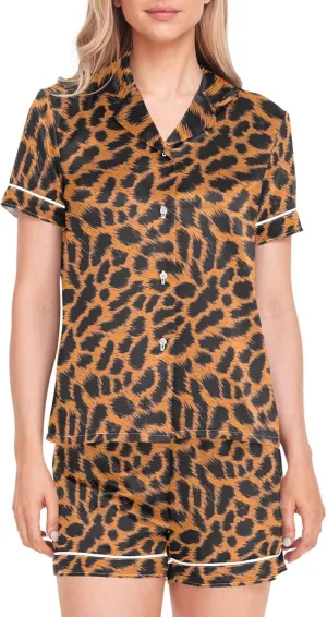 Womens Pajama Set Brown Cheetah Leopard Short Sleeve Sleepwear Soft Satin Pjs Lounge Sets with Pockets S-XXL