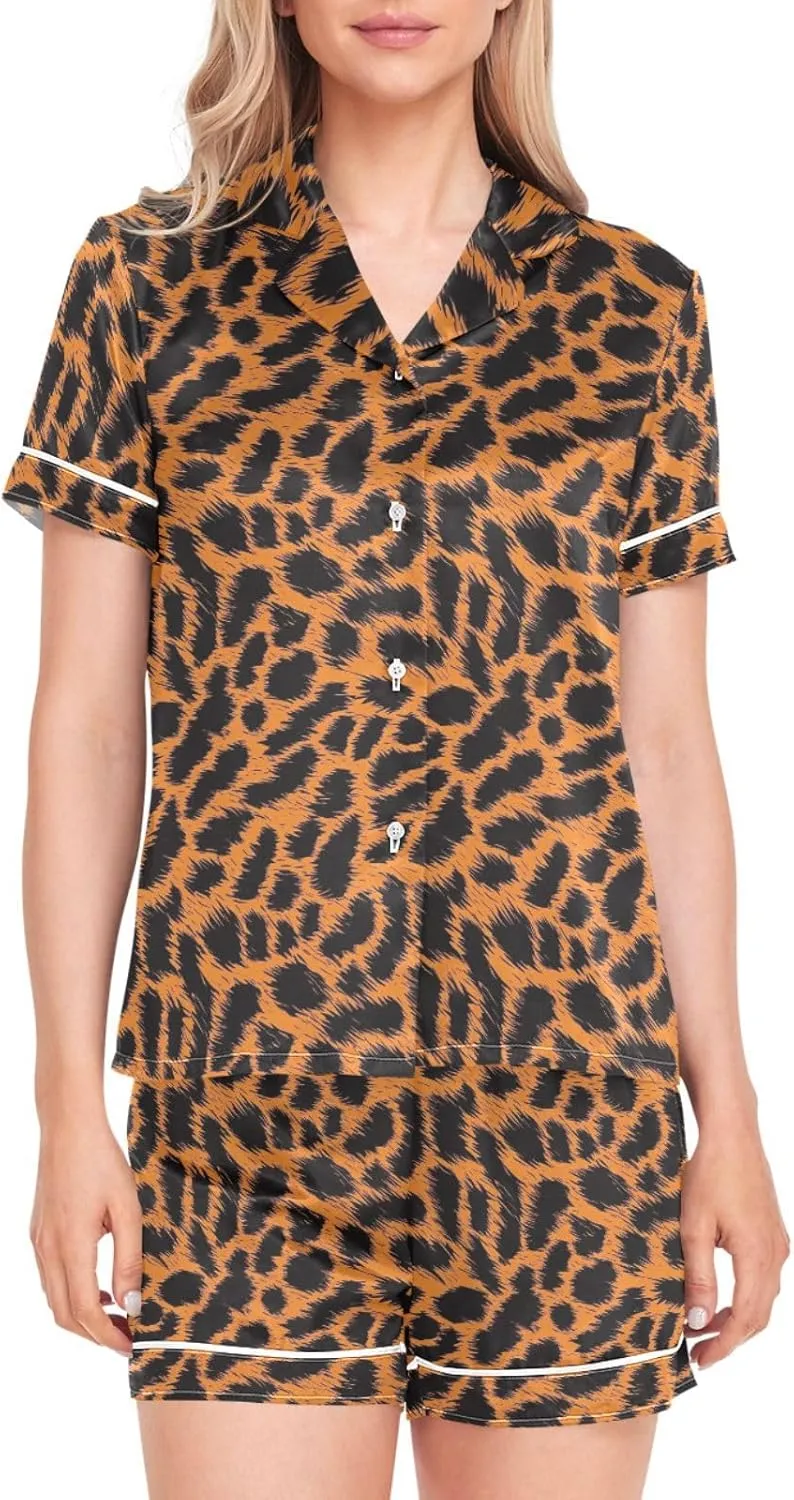 Womens Pajama Set Brown Cheetah Leopard Short Sleeve Sleepwear Soft Satin Pjs Lounge Sets with Pockets S-XXL