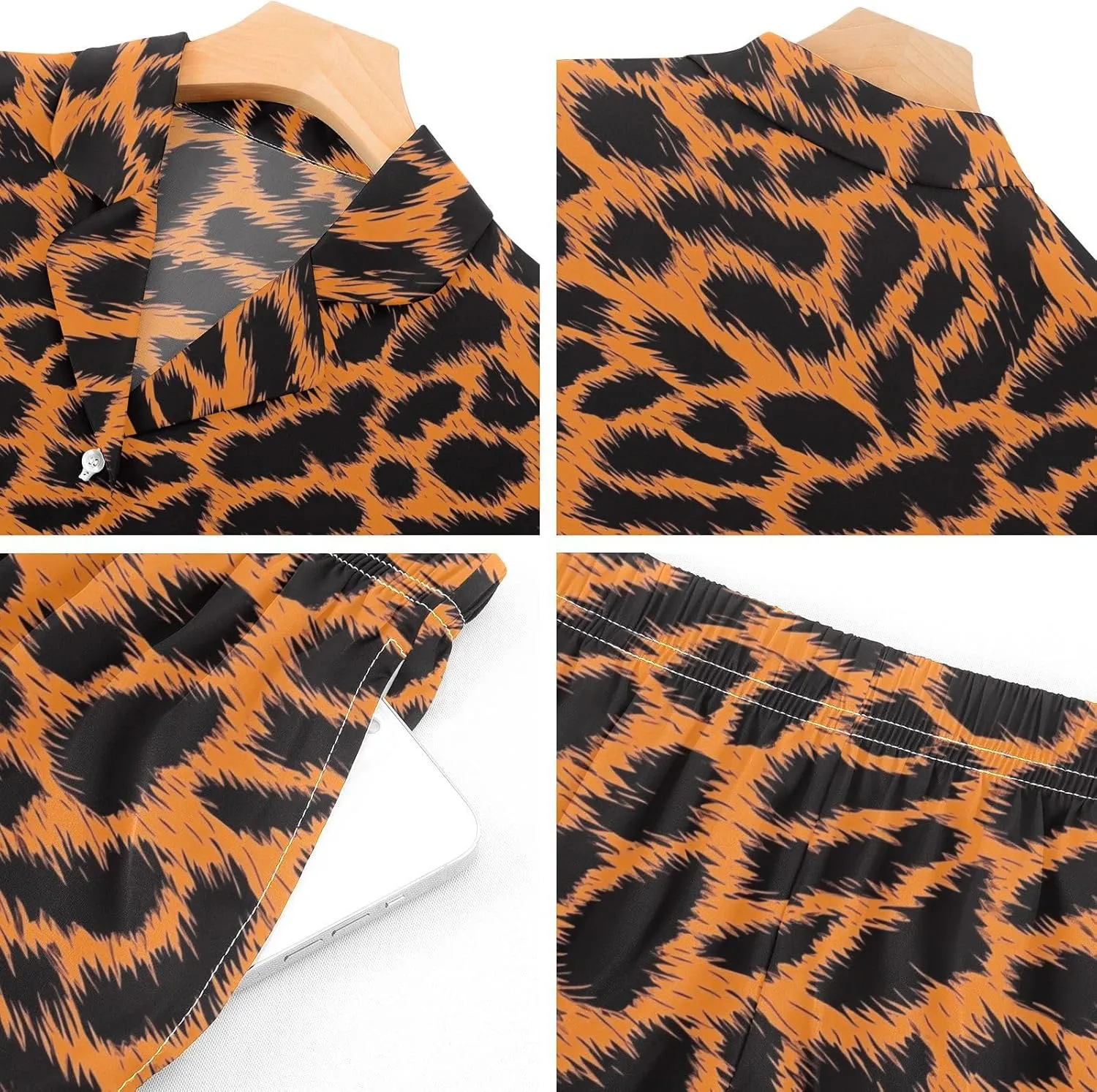 Womens Pajama Set Brown Cheetah Leopard Short Sleeve Sleepwear Soft Satin Pjs Lounge Sets with Pockets S-XXL