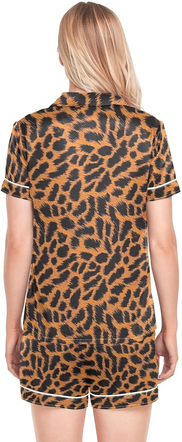 Womens Pajama Set Brown Cheetah Leopard Short Sleeve Sleepwear Soft Satin Pjs Lounge Sets with Pockets S-XXL