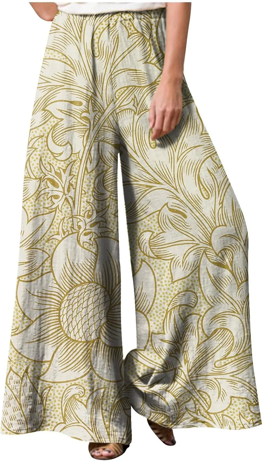 Women's Palazzo Pants Wide Leg High Waisted Lounge Casual Beach Boho Pants Elastic Drawstring Wide Leg Flowy Pants