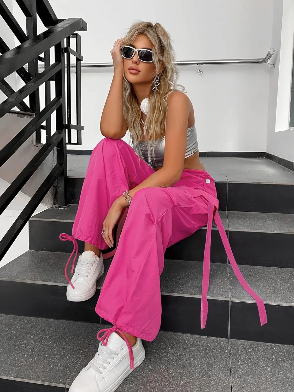 Women's Pants Street Vibes 90s Flap Pocket Drawstring Hem Parachute Pants Women's Pants (Color : Hot Pink, Size : Small)