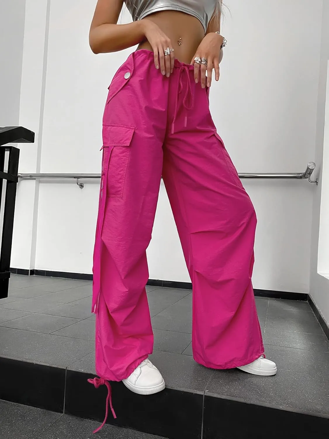 Women's Pants Street Vibes 90s Flap Pocket Drawstring Hem Parachute Pants Women's Pants (Color : Hot Pink, Size : Small)