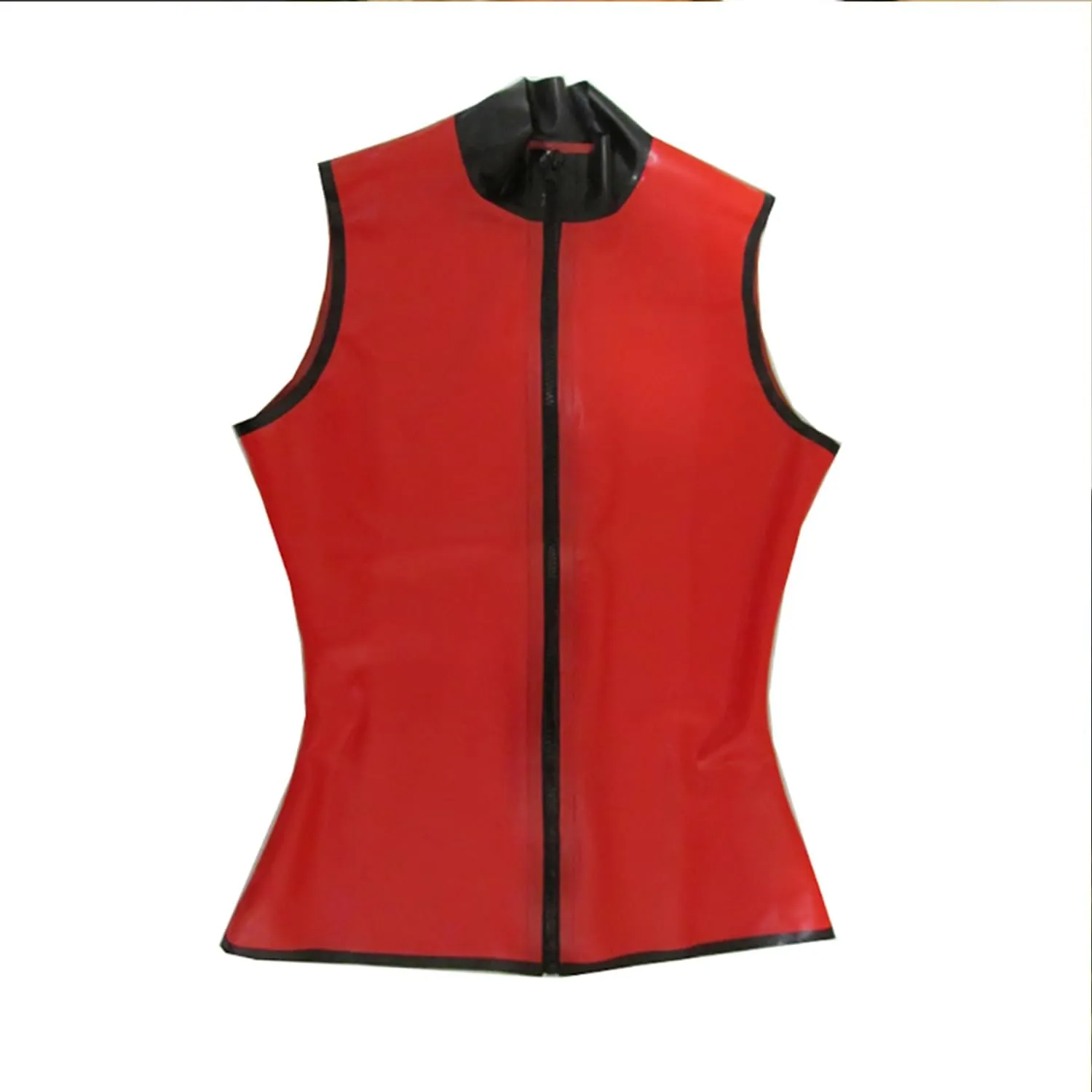 Women's Red Sleeveless Latex T-Shirt with Front Zipper,Shaping Casual Latex Tank Tops,for Novelty Club Wear