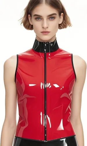 Women's Red Sleeveless Latex T-Shirt with Front Zipper,Shaping Casual Latex Tank Tops,for Novelty Club Wear