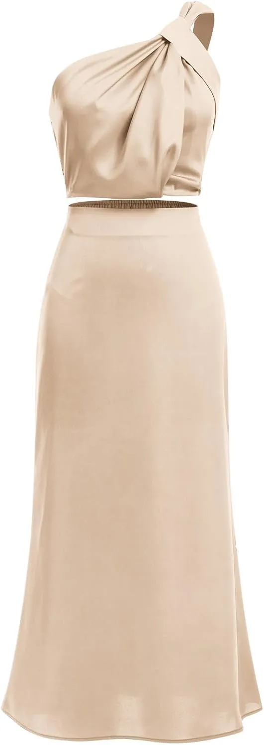 Women's Satin Silk One Shoulder Crop Top and High Waist Maxi Skirt 2 Pieces Sets for Party Holiday Bridesmaid
