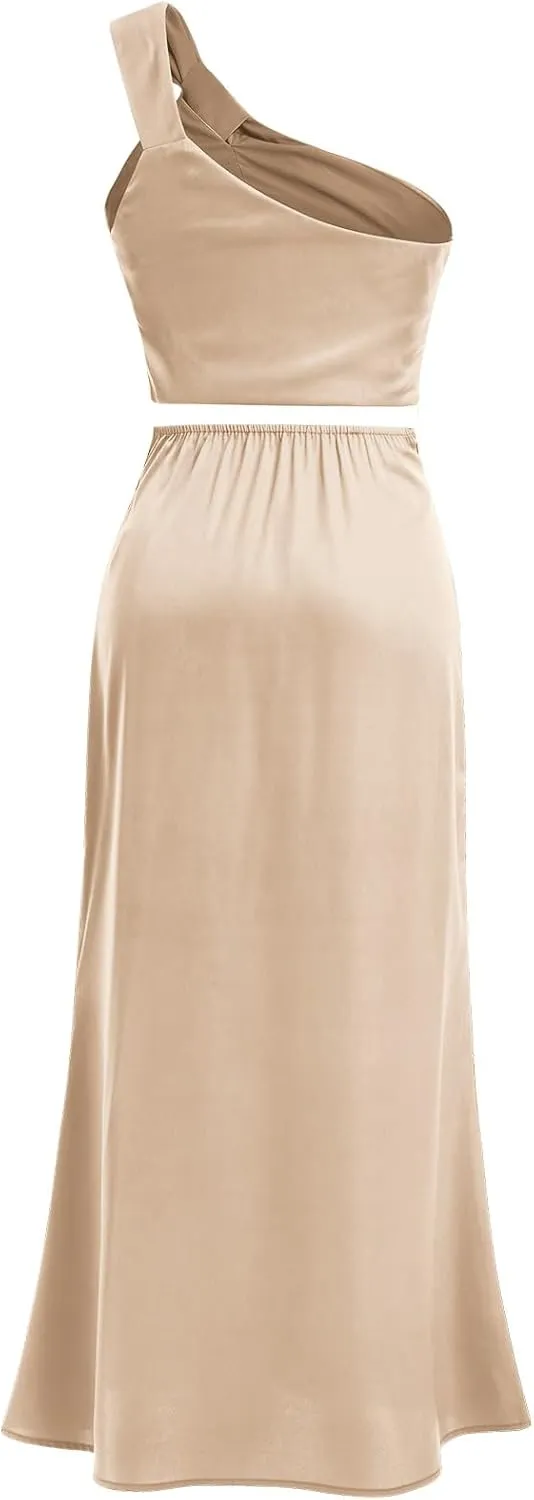 Women's Satin Silk One Shoulder Crop Top and High Waist Maxi Skirt 2 Pieces Sets for Party Holiday Bridesmaid