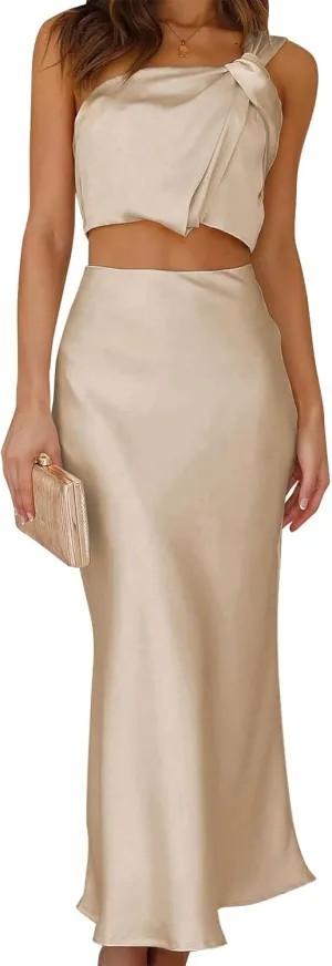 Women's Satin Silk One Shoulder Crop Top and High Waist Maxi Skirt 2 Pieces Sets for Party Holiday Bridesmaid