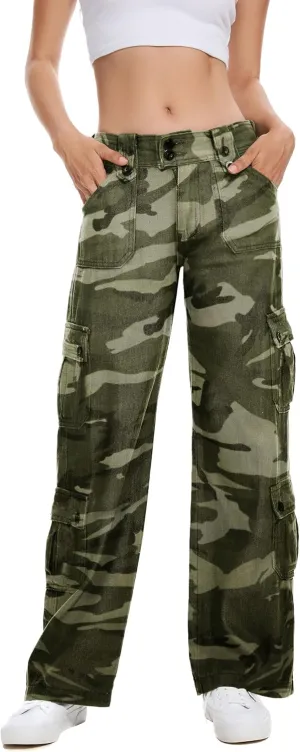 Womens Straight Wide Leg Cargo Jeans Vintage Flap Pocket Cargo Pants Baggy Y2k Pants