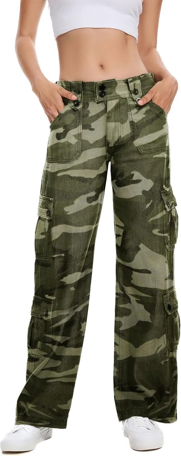 Womens Straight Wide Leg Cargo Jeans Vintage Flap Pocket Cargo Pants Baggy Y2k Pants