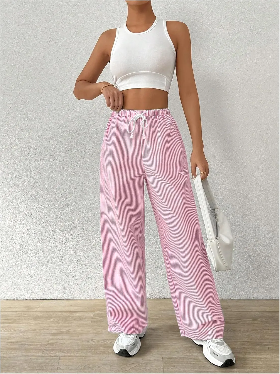Women's Striped Print Straight Wide Leg Linen Pants Drawstring Waist Slant Pockets Pants Casual Long Pants