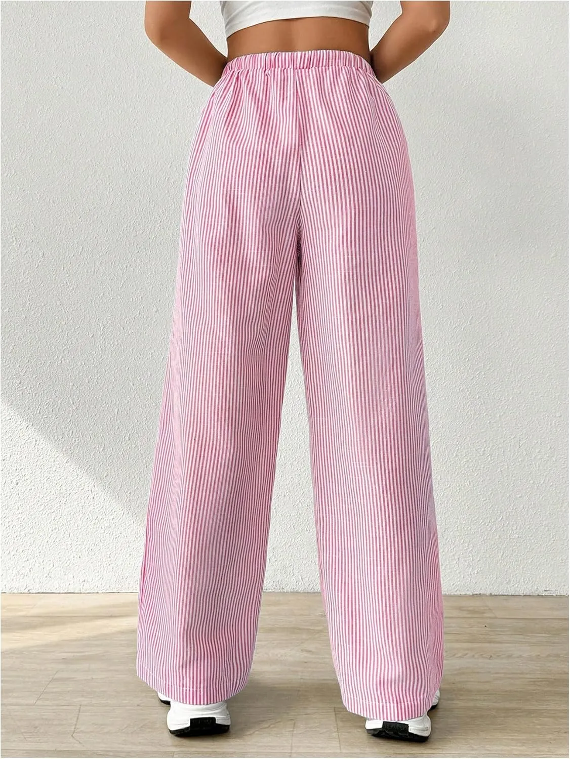 Women's Striped Print Straight Wide Leg Linen Pants Drawstring Waist Slant Pockets Pants Casual Long Pants