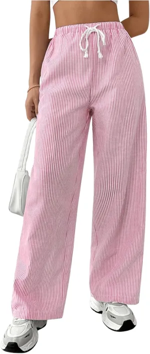 Women's Striped Print Straight Wide Leg Linen Pants Drawstring Waist Slant Pockets Pants Casual Long Pants