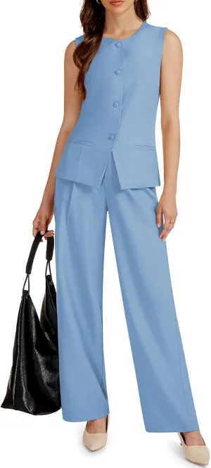 Women's Summer 2 Piece Blazer Outfits Sleeveless Crewneck Vest Wide Leg Pantsuit 2025 Dressy Casual Work Sets