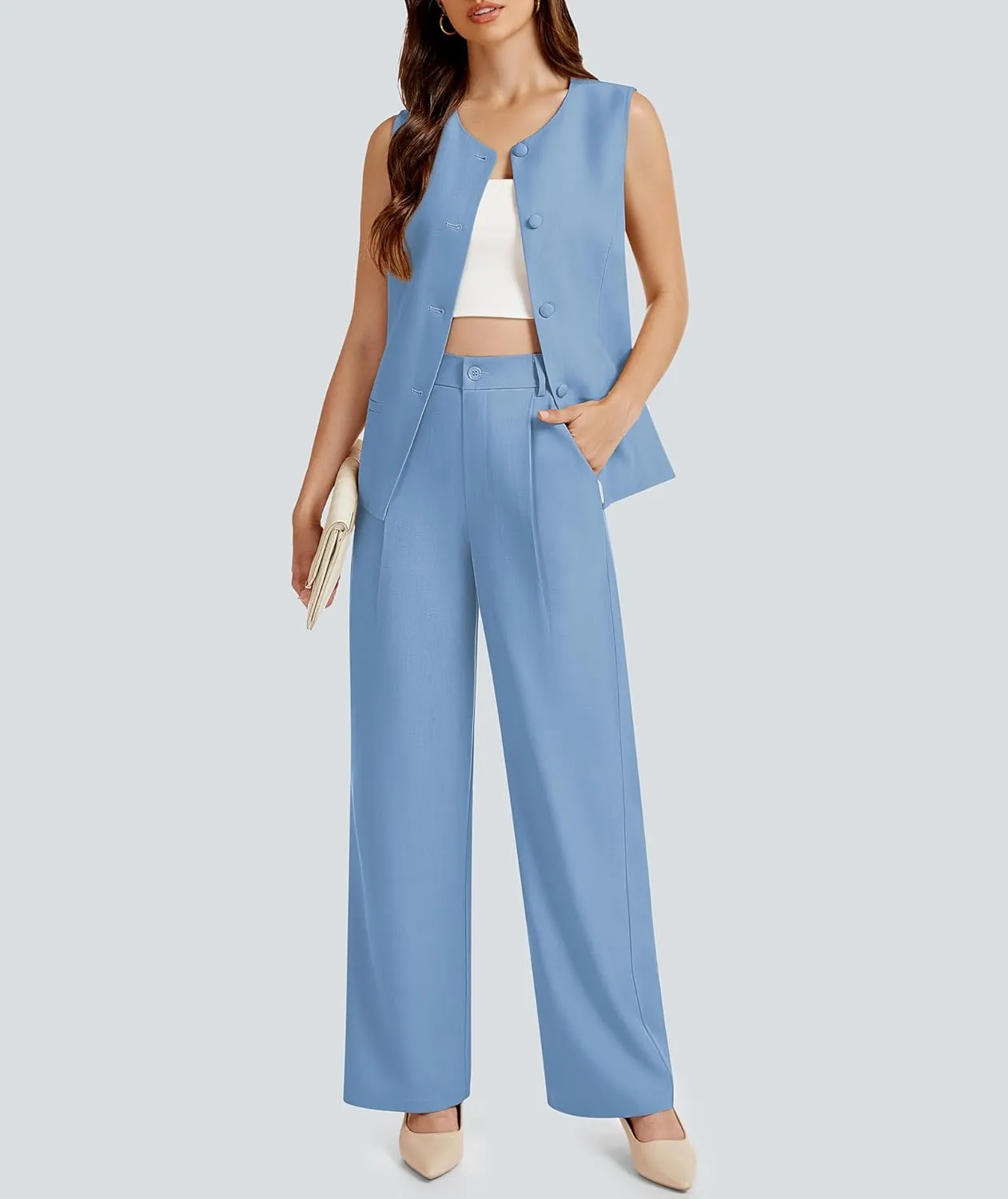 Women's Summer 2 Piece Blazer Outfits Sleeveless Crewneck Vest Wide Leg Pantsuit 2025 Dressy Casual Work Sets
