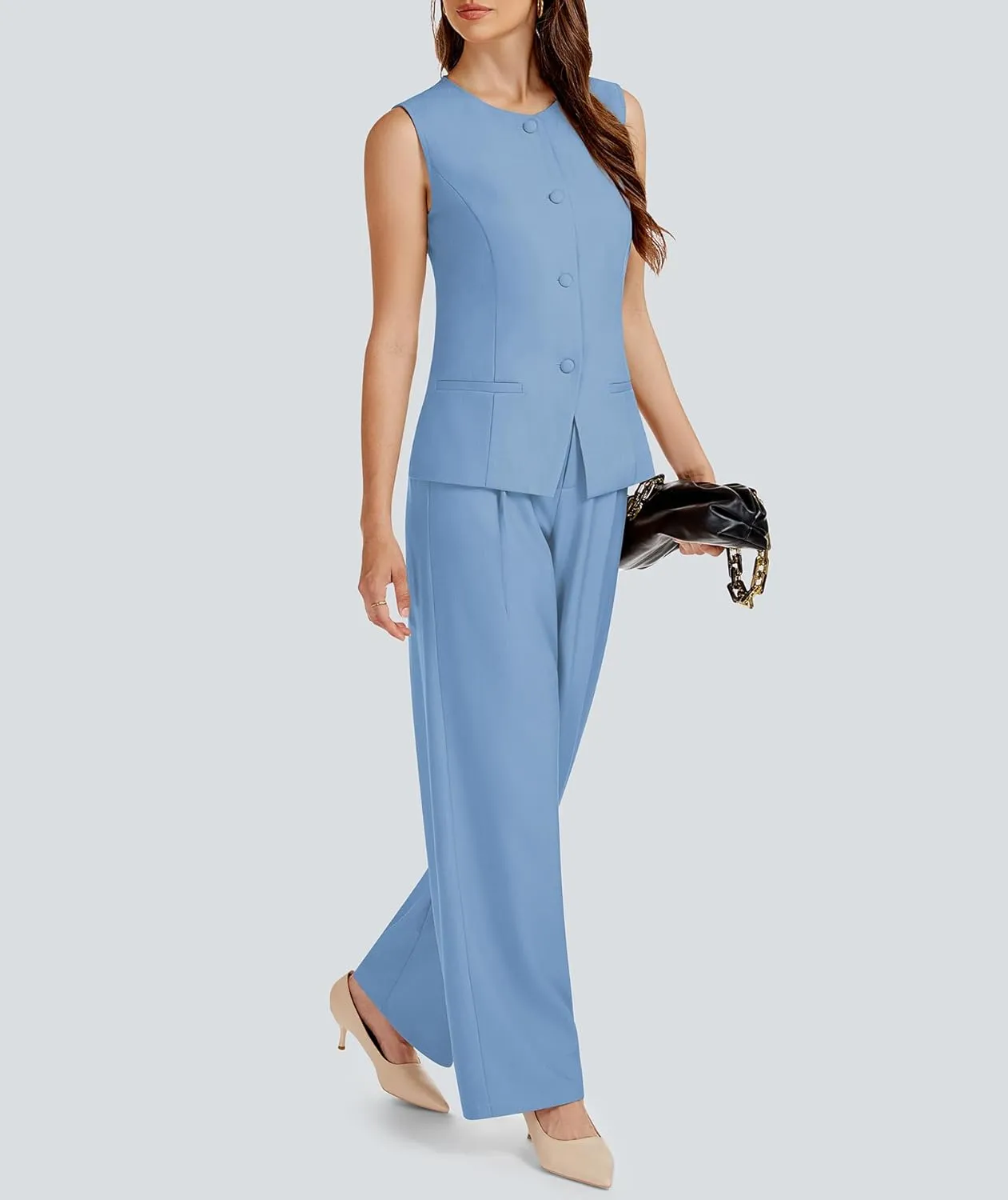 Women's Summer 2 Piece Blazer Outfits Sleeveless Crewneck Vest Wide Leg Pantsuit 2025 Dressy Casual Work Sets