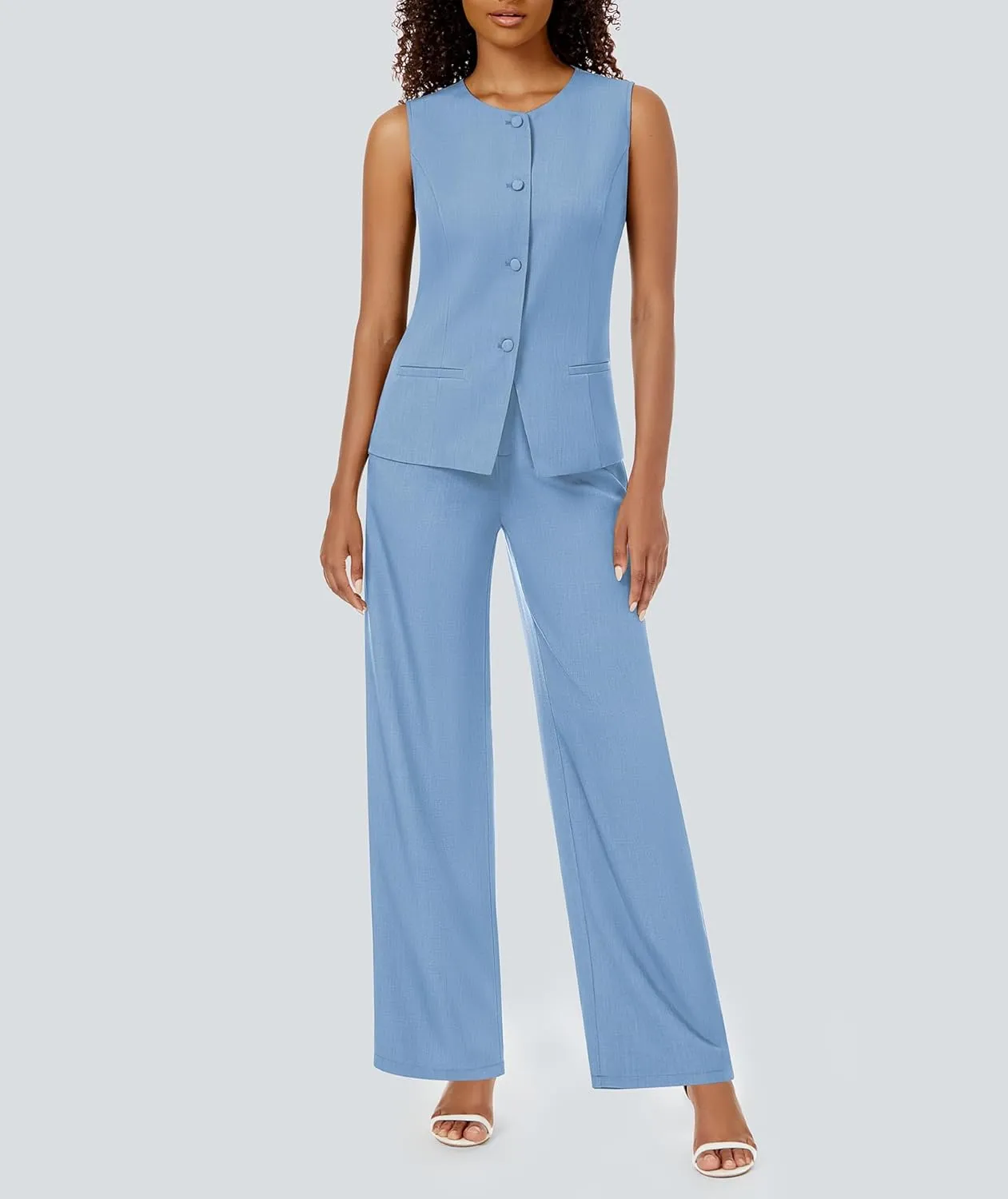 Women's Summer 2 Piece Blazer Outfits Sleeveless Crewneck Vest Wide Leg Pantsuit 2025 Dressy Casual Work Sets