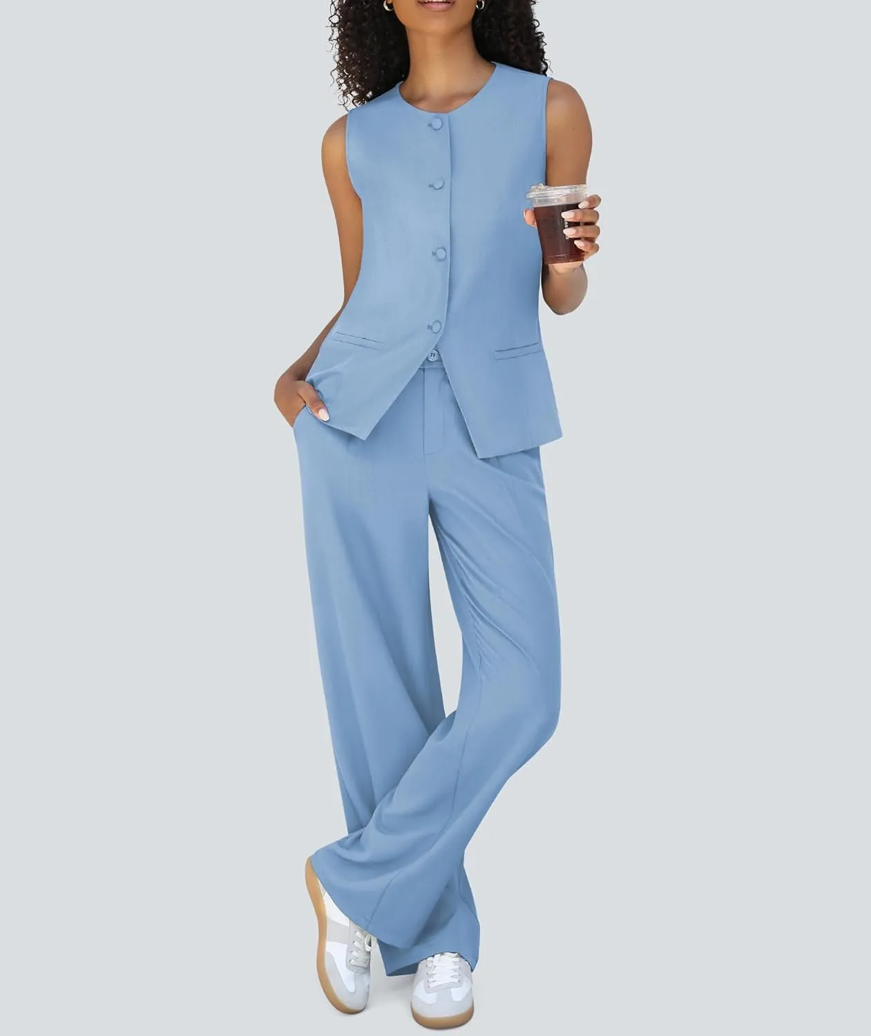 Women's Summer 2 Piece Blazer Outfits Sleeveless Crewneck Vest Wide Leg Pantsuit 2025 Dressy Casual Work Sets