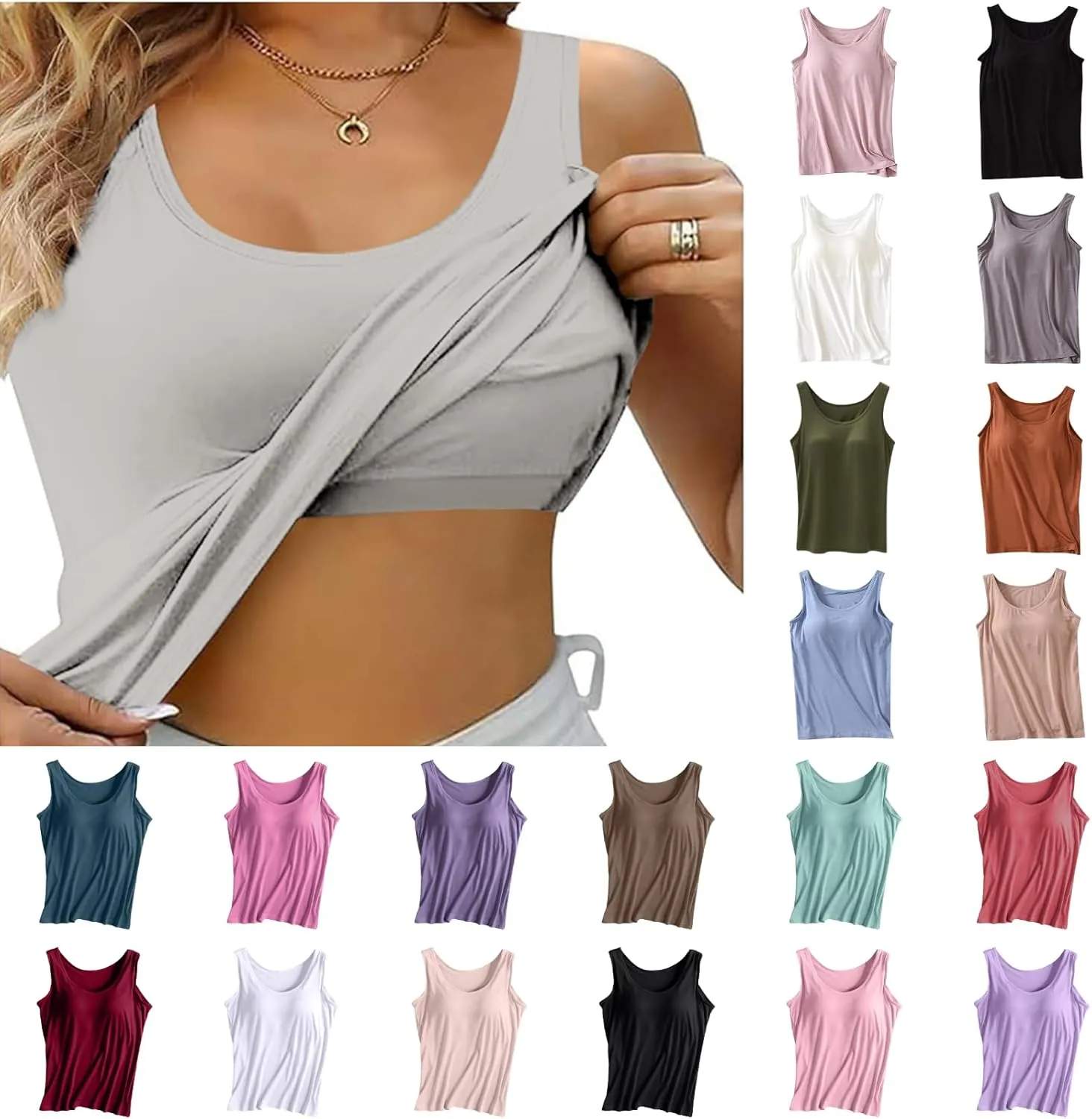 Womens Tank Tops with Built in Bra 2024 Casual Scoop Neck Sleeveless Basic Workout Top Padded Bra Camisole Undershirt
