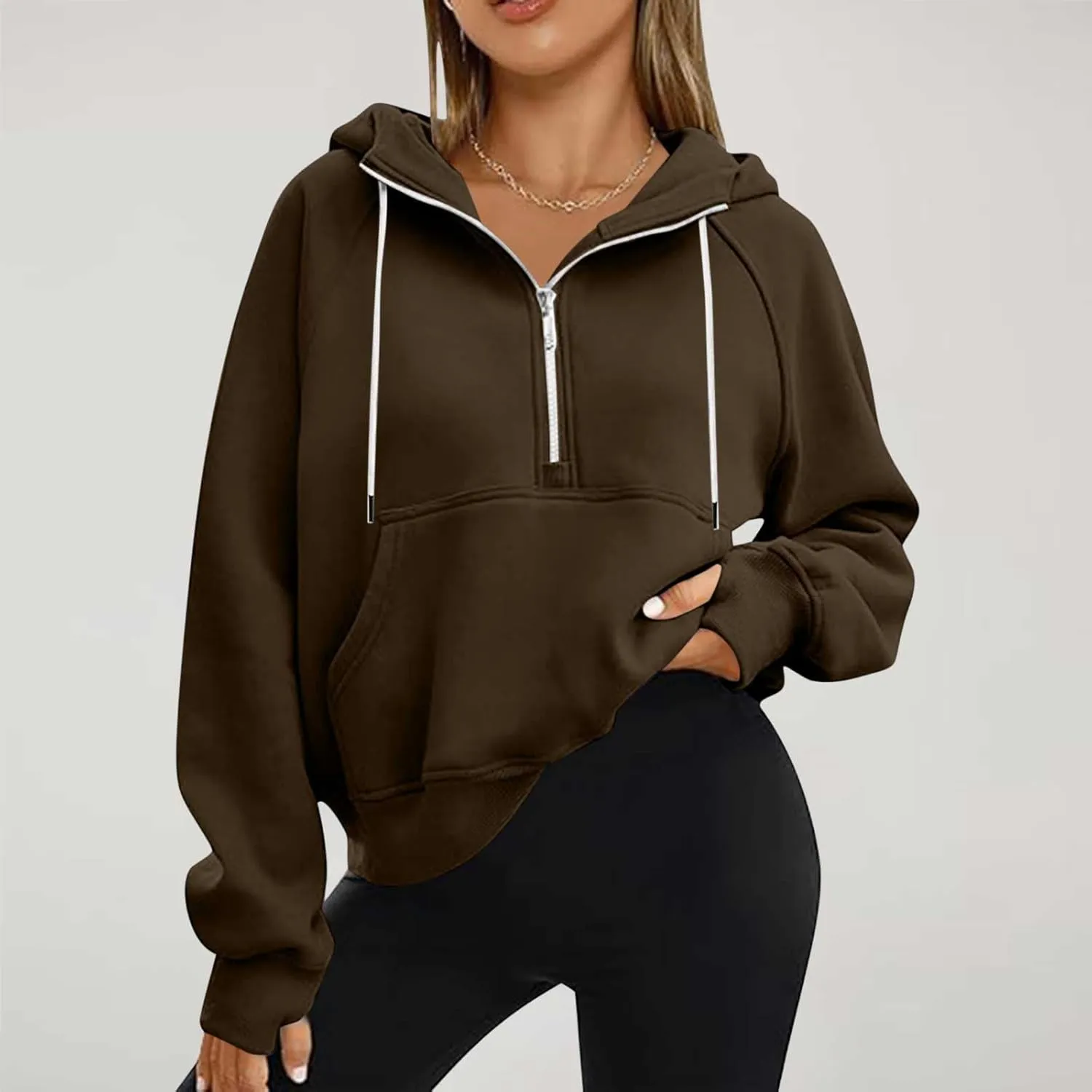 Womens Tops Half Zip Pullover Fleece Stand Collar Sweatshirt Fall Trendy Crop Loose Hoodies with Pockets Thumb Hole