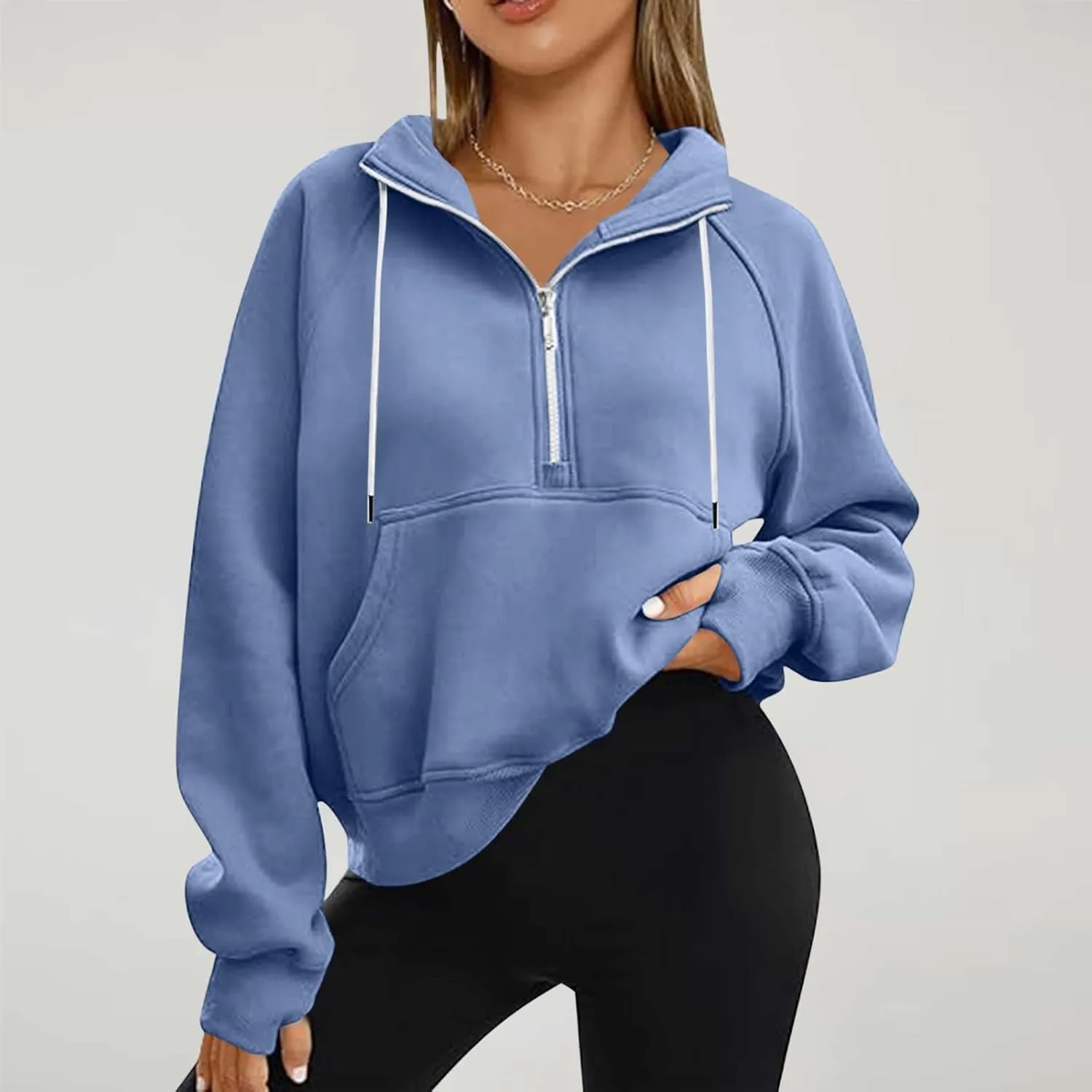 Womens Tops Half Zip Pullover Fleece Stand Collar Sweatshirt Fall Trendy Crop Loose Hoodies with Pockets Thumb Hole