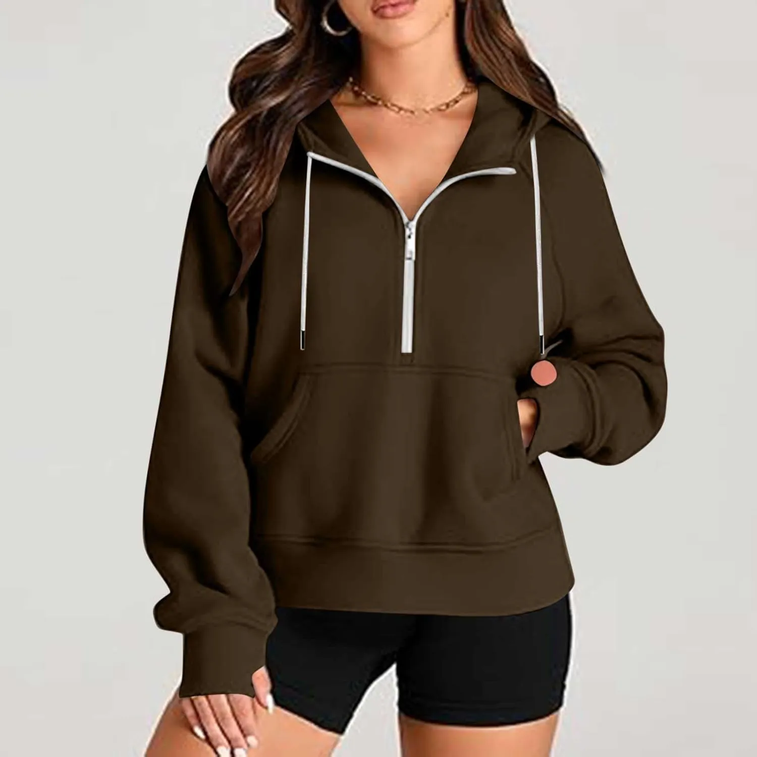 Womens Tops Half Zip Pullover Fleece Stand Collar Sweatshirt Fall Trendy Crop Loose Hoodies with Pockets Thumb Hole