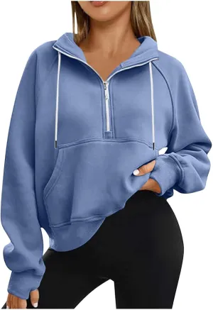 Womens Tops Half Zip Pullover Fleece Stand Collar Sweatshirt Fall Trendy Crop Loose Hoodies with Pockets Thumb Hole