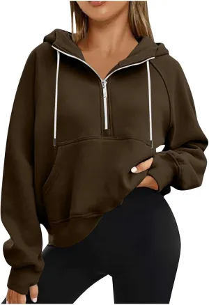Womens Tops Half Zip Pullover Fleece Stand Collar Sweatshirt Fall Trendy Crop Loose Hoodies with Pockets Thumb Hole
