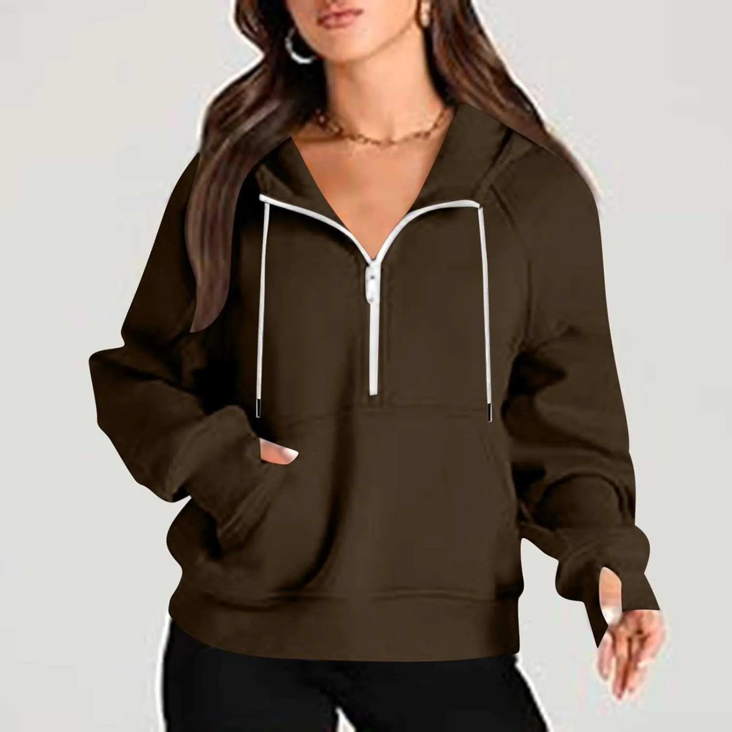 Womens Tops Half Zip Pullover Fleece Stand Collar Sweatshirt Fall Trendy Crop Loose Hoodies with Pockets Thumb Hole