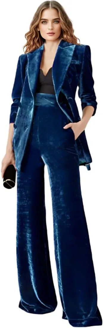 Womens Velvet Suit 2 PC Double Breasted Pants Suit Peak Lapel Formal Suit Womens Business Suits