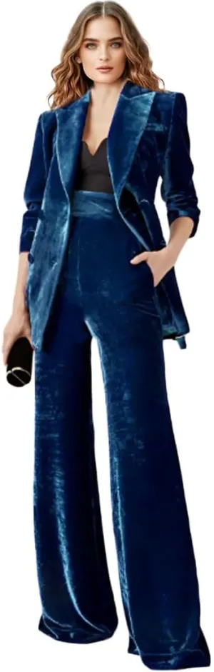 Womens Velvet Suit 2 PC Double Breasted Pants Suit Peak Lapel Formal Suit Womens Business Suits