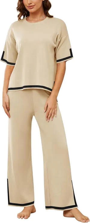 YIJIU Women's 2 Piece Outfits Short Sleeve Knit Sweater Pullover Tops Soft Wide Leg Pants Lounge Sets Tracksuits