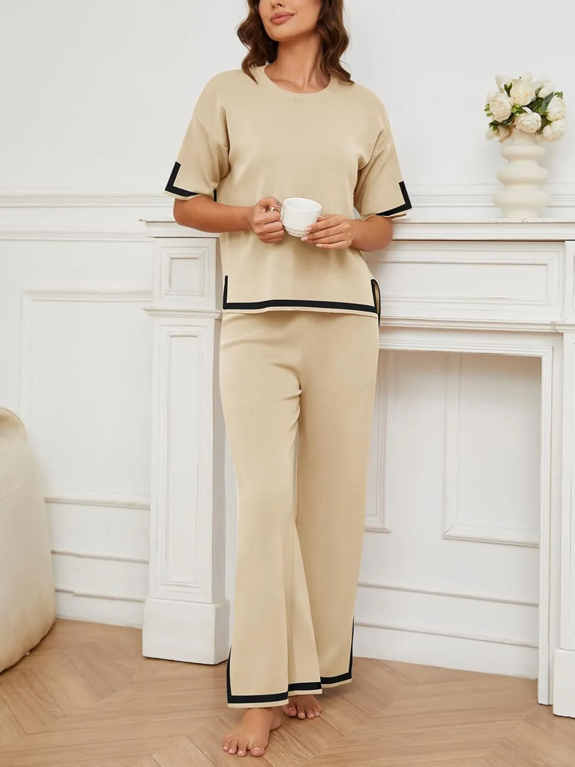 YIJIU Women's 2 Piece Outfits Short Sleeve Knit Sweater Pullover Tops Soft Wide Leg Pants Lounge Sets Tracksuits