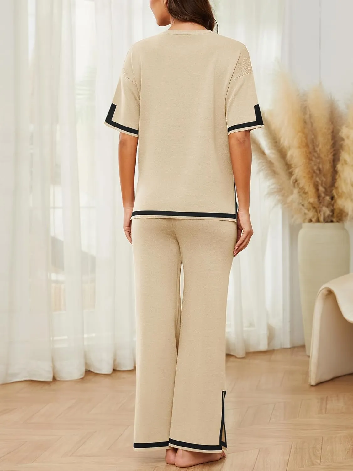 YIJIU Women's 2 Piece Outfits Short Sleeve Knit Sweater Pullover Tops Soft Wide Leg Pants Lounge Sets Tracksuits