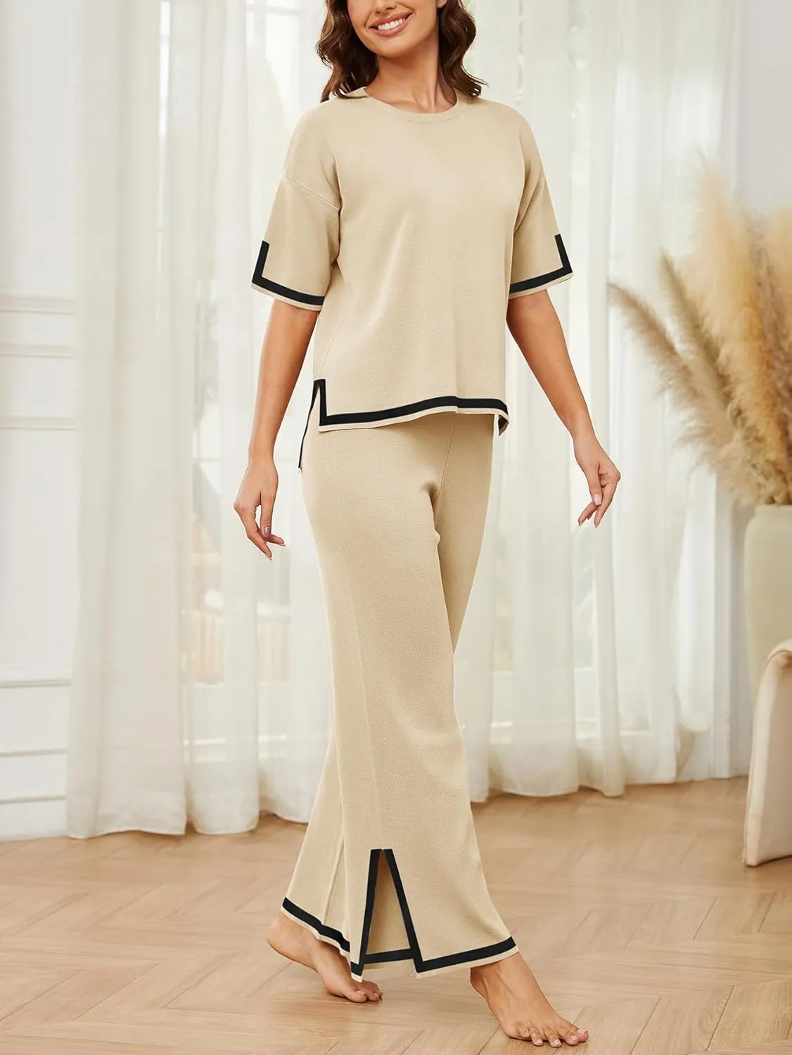 YIJIU Women's 2 Piece Outfits Short Sleeve Knit Sweater Pullover Tops Soft Wide Leg Pants Lounge Sets Tracksuits