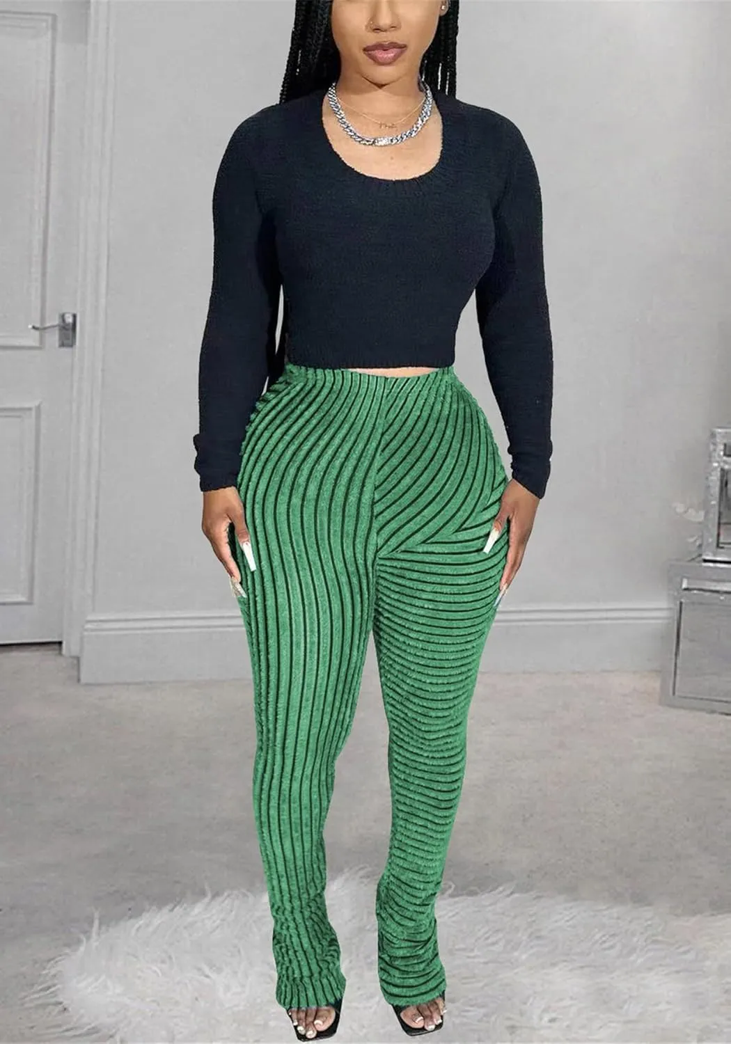 YOOTIKO Women Stacked Pants Flare Sweatpants High Waisted Striped Fuzzy Lounge Butt Lifting Leggings