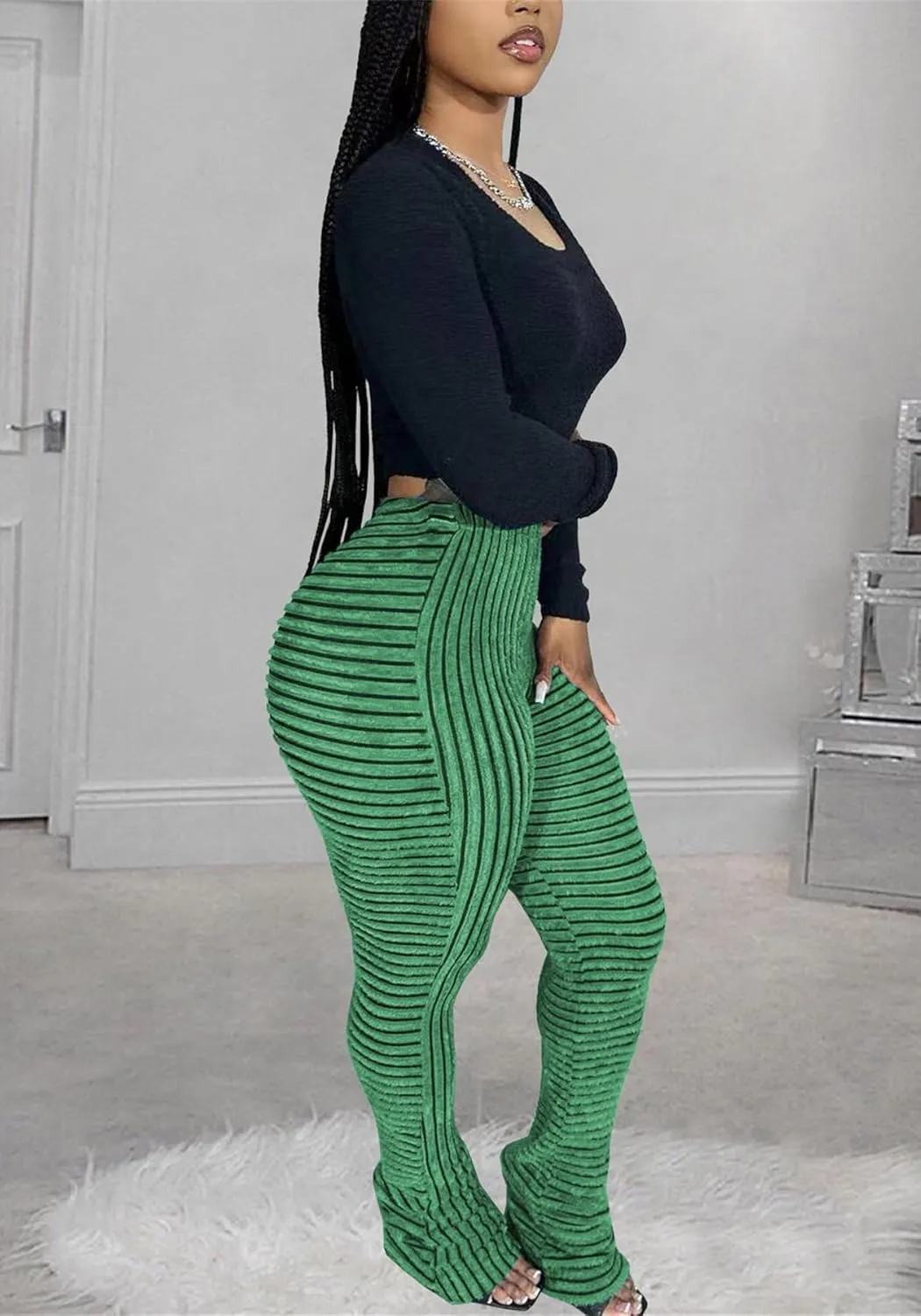 YOOTIKO Women Stacked Pants Flare Sweatpants High Waisted Striped Fuzzy Lounge Butt Lifting Leggings