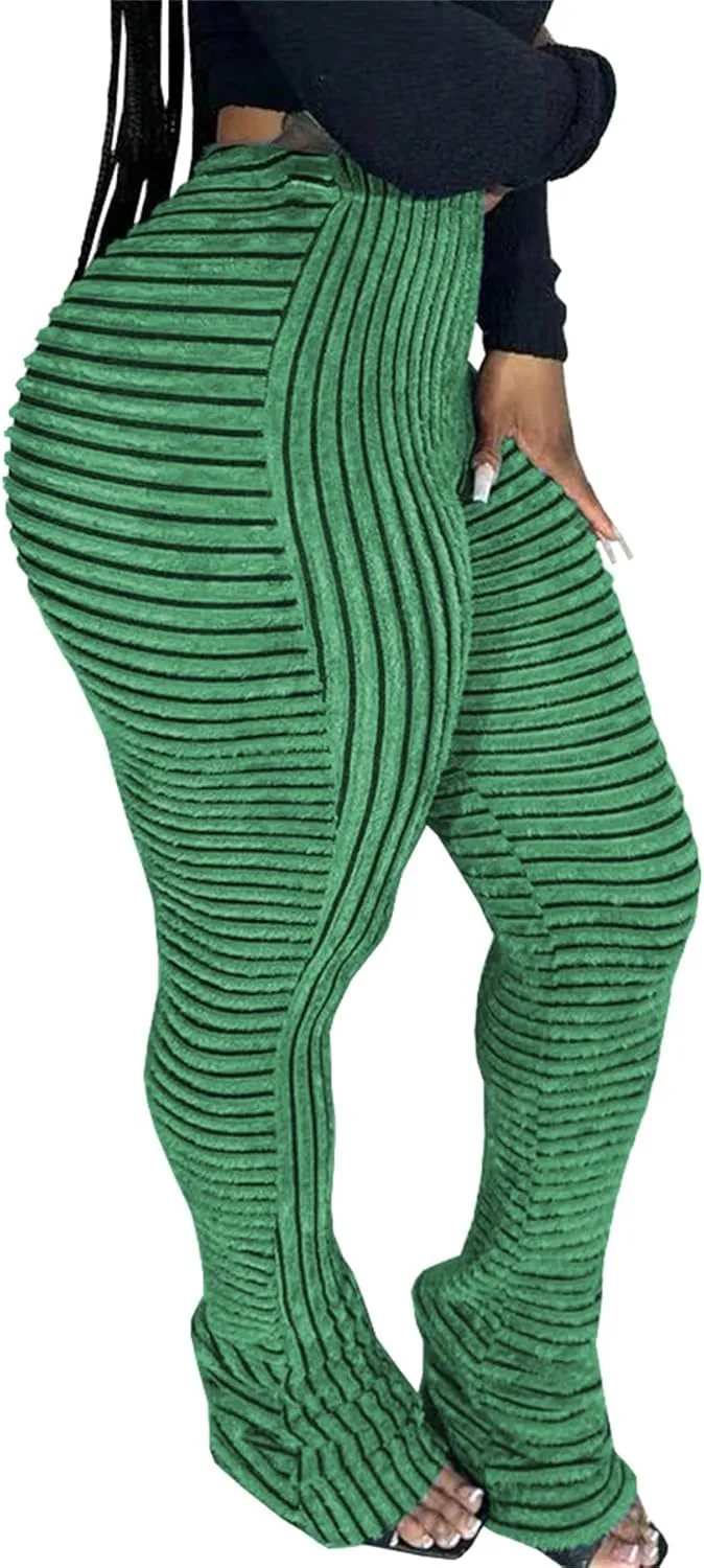 YOOTIKO Women Stacked Pants Flare Sweatpants High Waisted Striped Fuzzy Lounge Butt Lifting Leggings