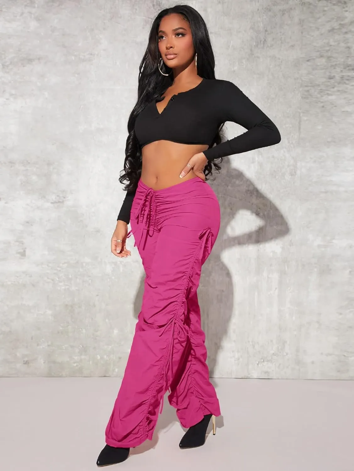 ZARKL Women's Pants Pants for Women Drawstring Waist Cutout Ruched Parachute Pants (Color : Hot Pink, Size : Large)