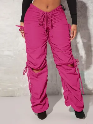 ZARKL Women's Pants Pants for Women Drawstring Waist Cutout Ruched Parachute Pants (Color : Hot Pink, Size : Large)