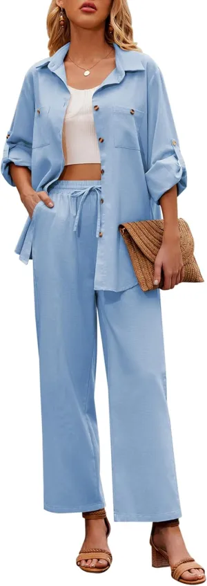 Zeagoo Women 2 Piece Linen Sets 2023 Button Down Shirt and Drawstring Long Pants Set Summer Outfits